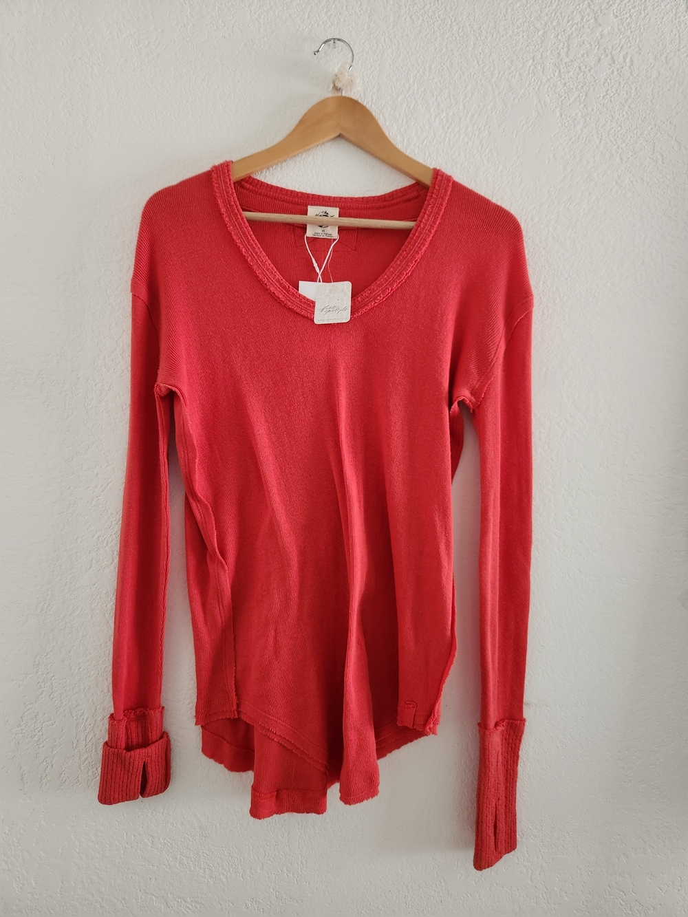 We The Free Coral-Red Long Sleeve V-Neck Top